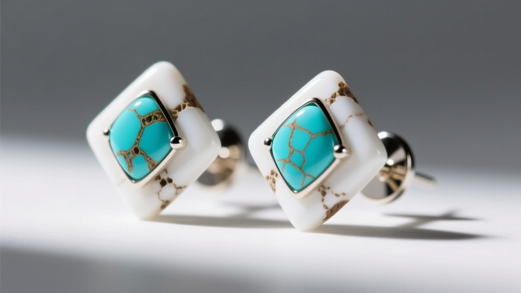 Macro shot of white turquoise stud earrings showing the contrast between bright white howlite and porous genuine turquoise stones.