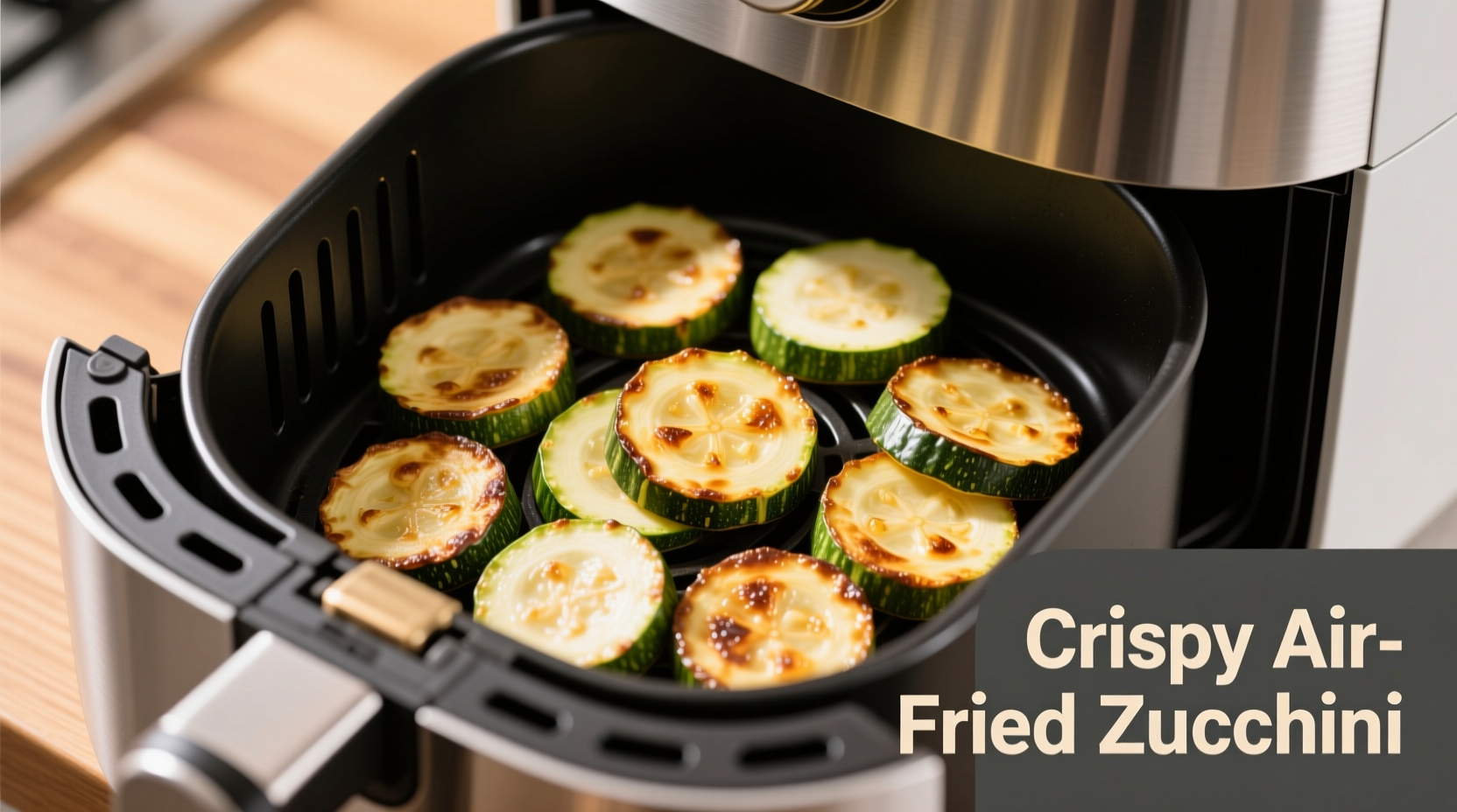 Golden-brown zucchini slices in air fryer basket