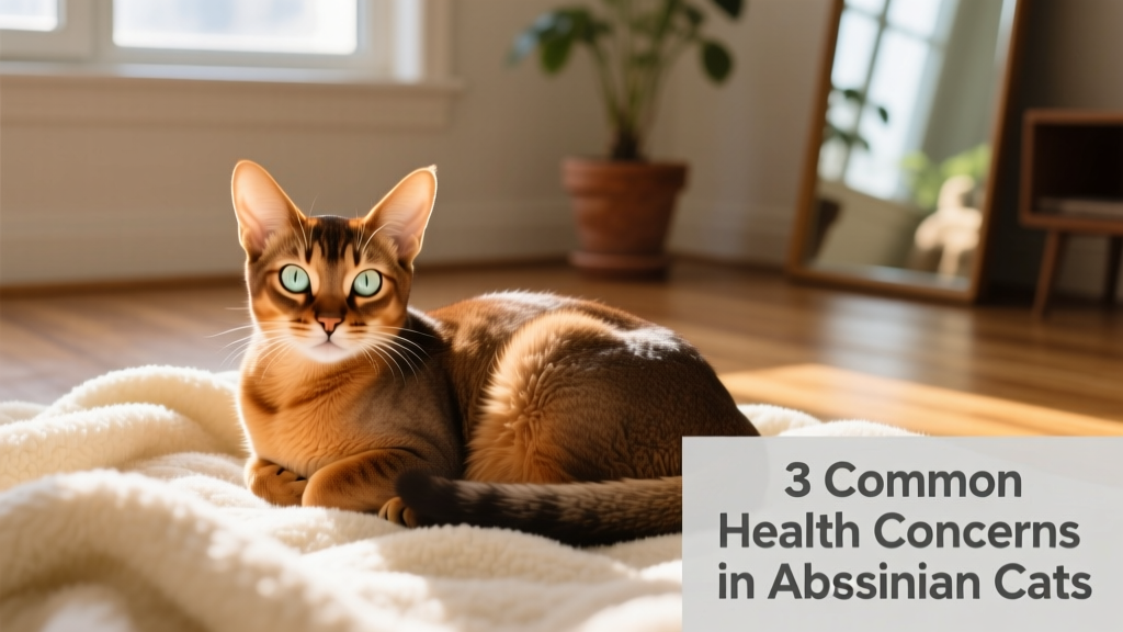 A relaxed Abyssinian cat curled on a soft blanket, showing a glossy coat and bright, clear eyes—signs of good health