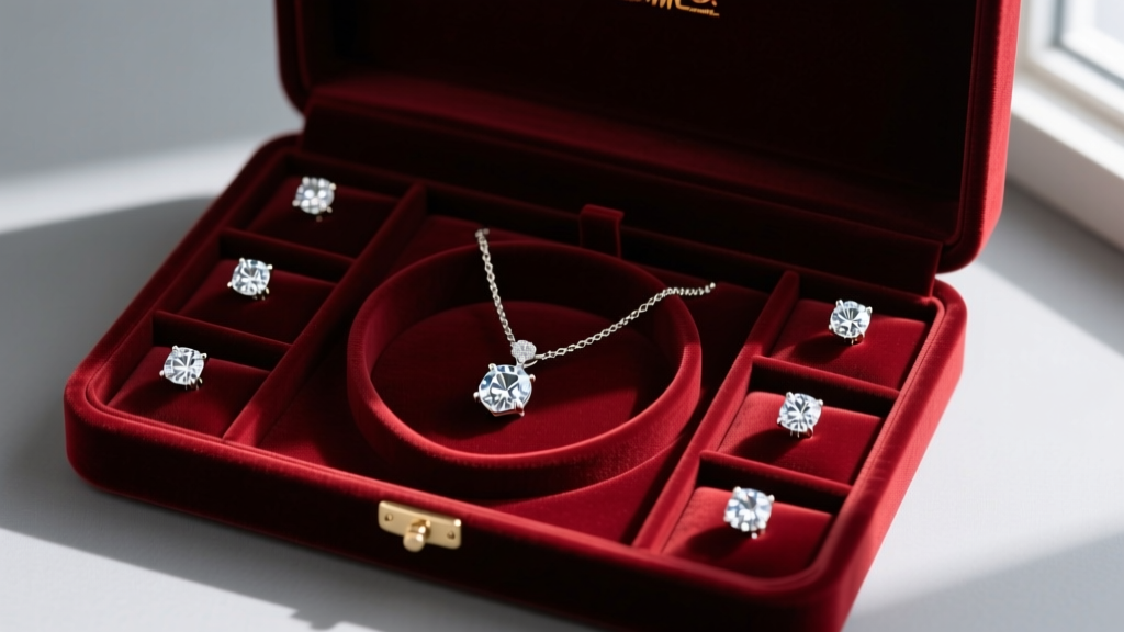 Open velvet box showing simulated diamond studs and a pendant necklace stored safely in separate dark velvet compartments.