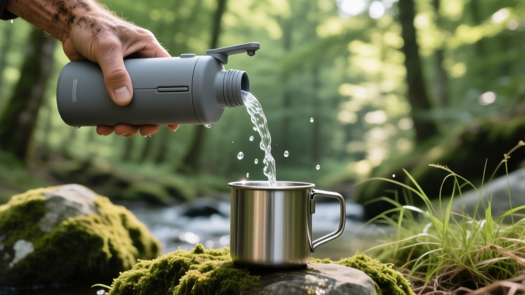 Hands pressing a gray water filter purifier bottle to filter stream water into a stainless steel camp mug outdoors