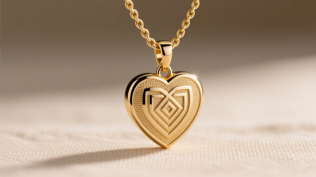 A 1.2mm 14k gold wheat chain threaded through the hidden bail of a heavy custom laser-engraved heart necklace picture pendant