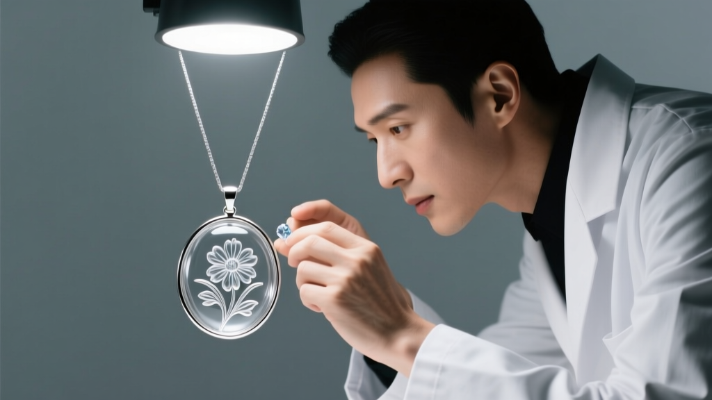 Jeweler using a loupe to examine a micro-carved glass bead in a silver projection pendant under bright, focused studio light.