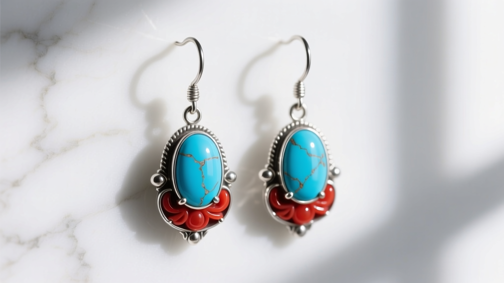Close-up of vintage sterling silver dangle earrings with polished sky-blue turquoise and carved red coral cabochons on white marble.