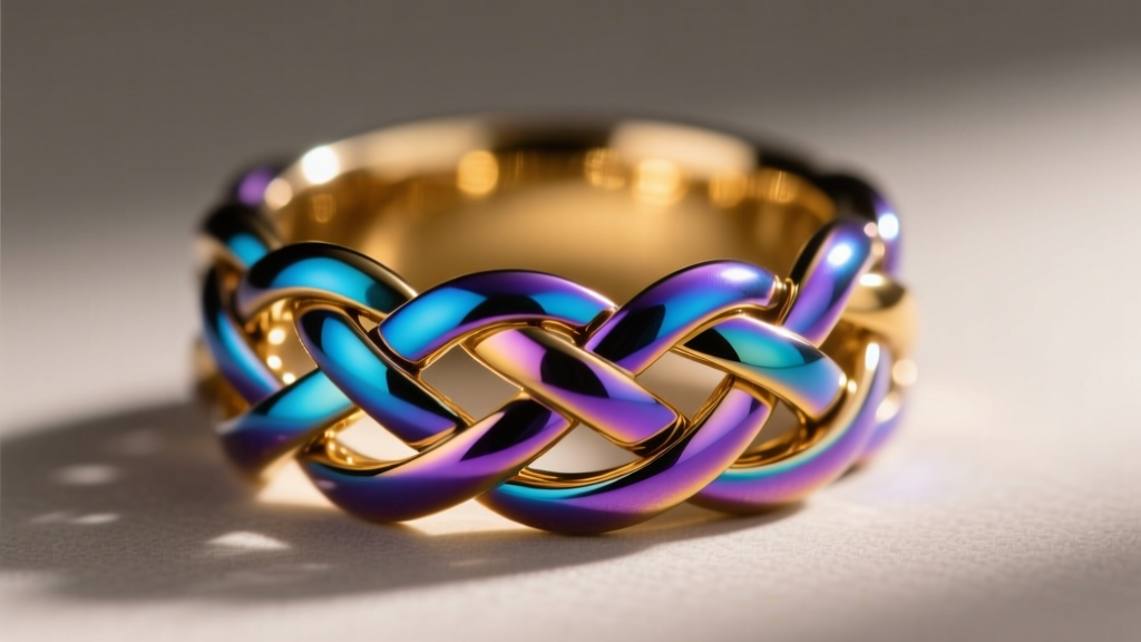 Macro shot of brightly anodized niobium jump rings interlocked in a Helm weave pattern forming a wide statement finger ring