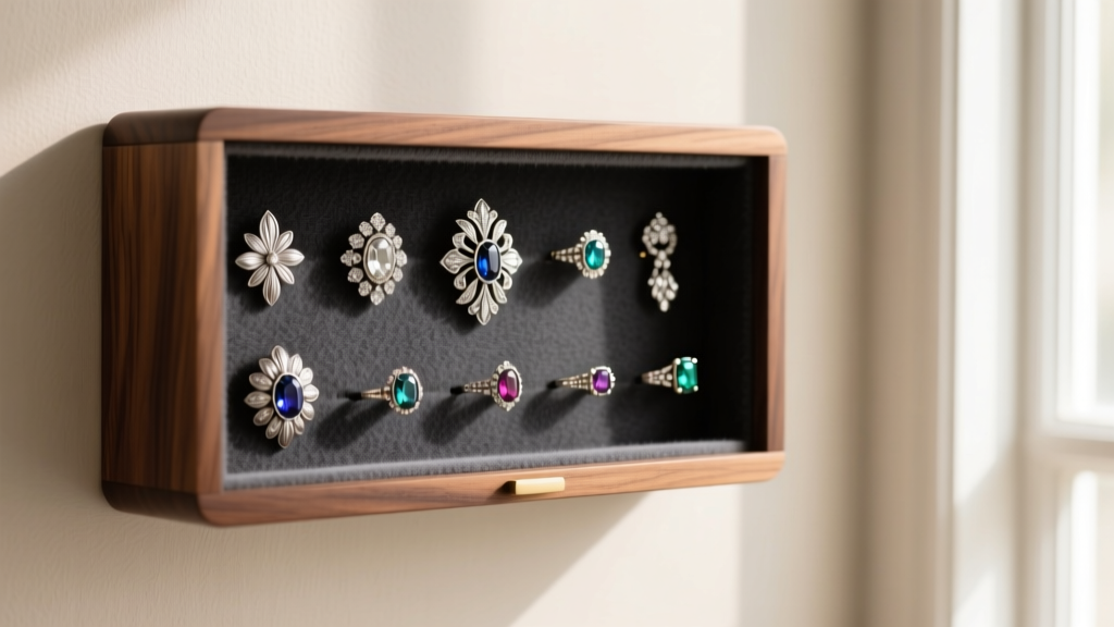 Solid walnut wall mount jewelry organizer with anti-tarnish flannel, displaying vintage silver brooches and small gemstone rings.