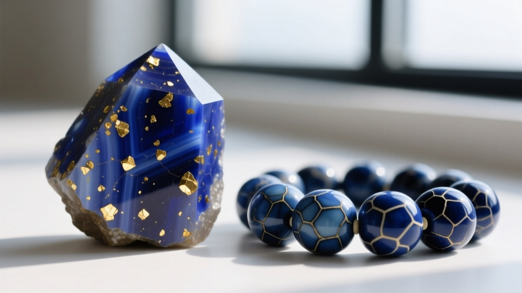 Macro comparing natural lapis lazuli with golden pyrite flecks beside dyed howlite beads showing dark blue crackle dye patterns