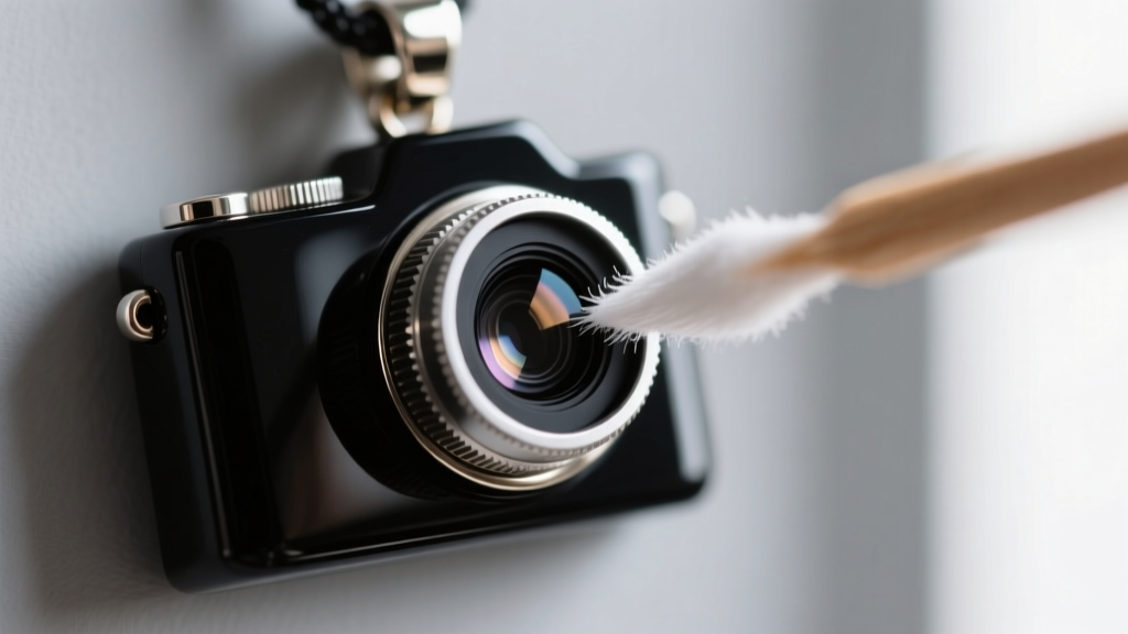 Macro shot of a tiny camera lens embedded in a dark pendant, being gently wiped with a specialized optical microfiber swab