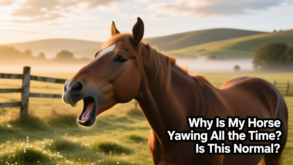 A horse yawning gently during a quiet moment in a paddock