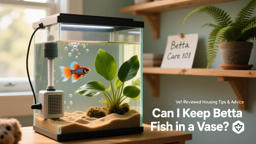Well-maintained 5-gallon betta tank with heater, sponge filter, live anubias plant, and soft sand substrate
