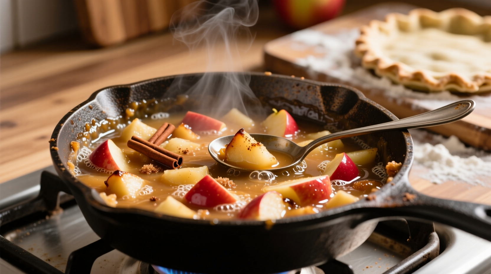 Fresh apple pie filling in a saucepan