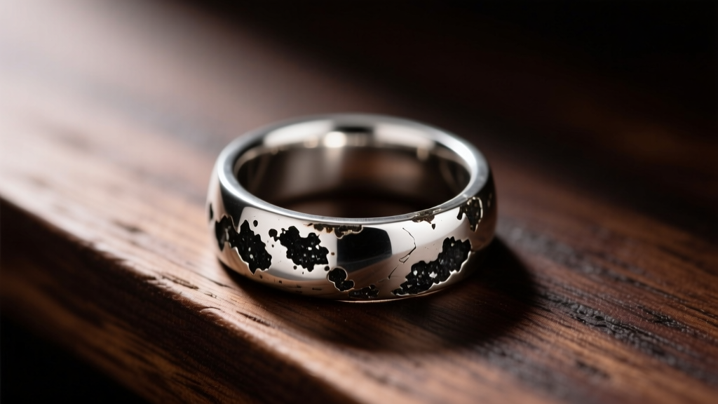 Tarnished 925 silver ring on dark wood showing black sulfide patches under soft directional lighting with sharp macro focus.