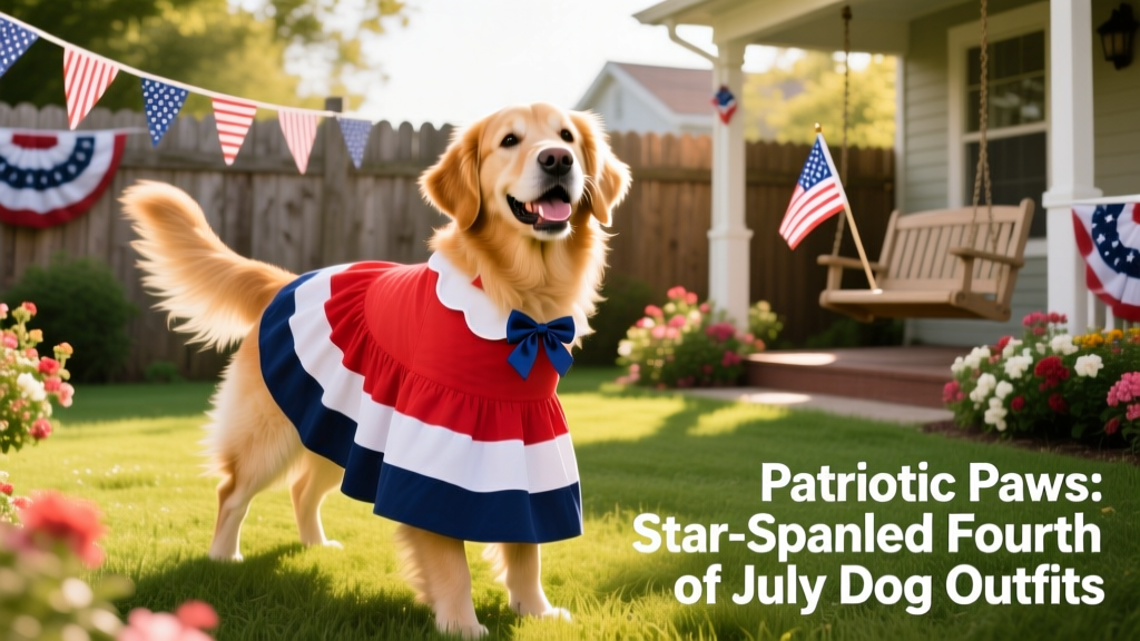 A golden retriever wearing a red, white, and navy blue sundress with a bow accent, posing happily in a sunny backyard