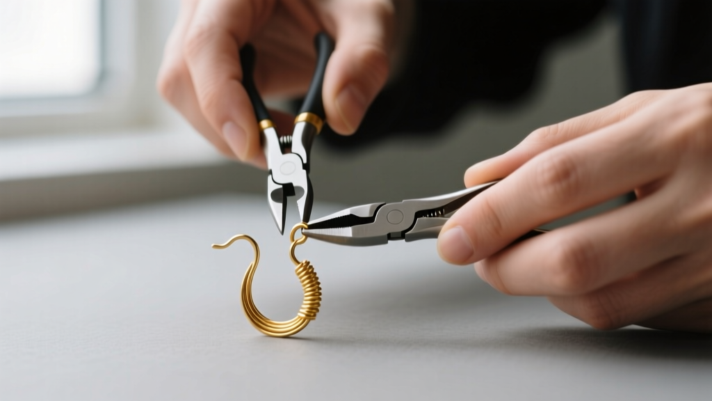 Close-up of a jeweler using nylon-jaw pliers to gently reshape the curved hook of a 20-gauge gold-filled french wire earring.