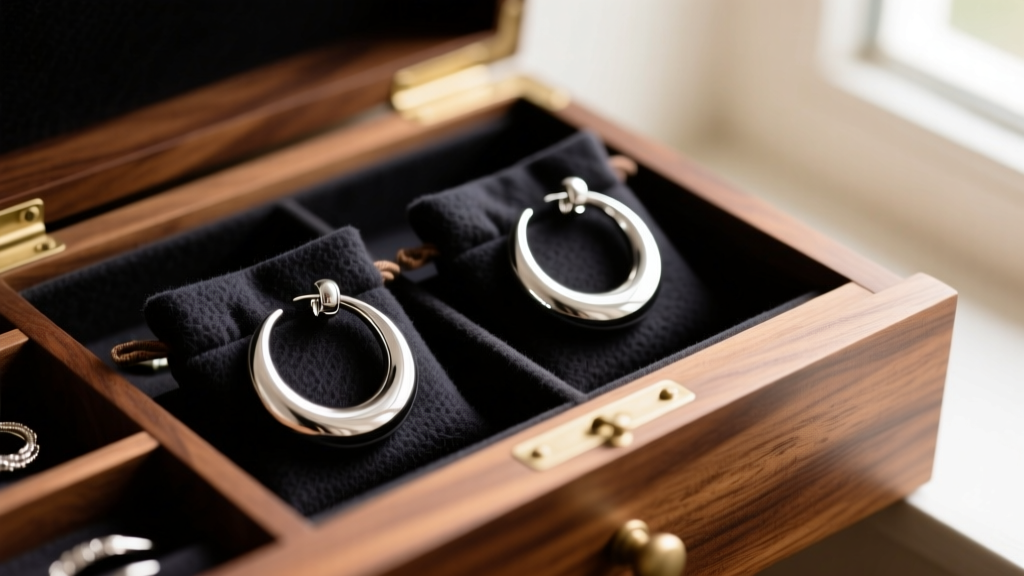 Oversized silver hoop earrings stored in dark anti-tarnish flannel pouches inside an open wooden jewelry drawer organizer