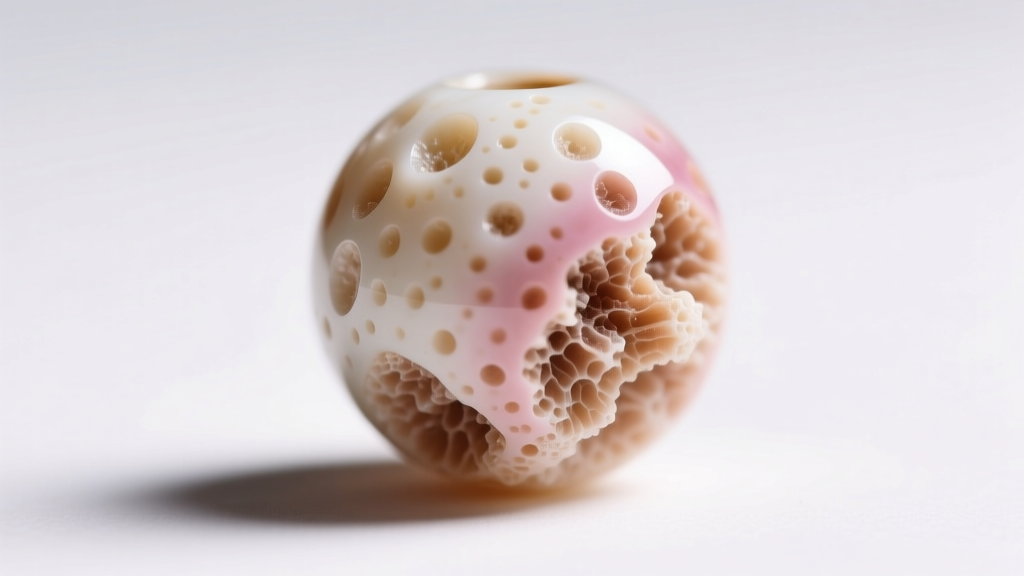 Close-up gemological microscope view of a single angel skin coral bead showing natural surface pitting and subtle color zoning.