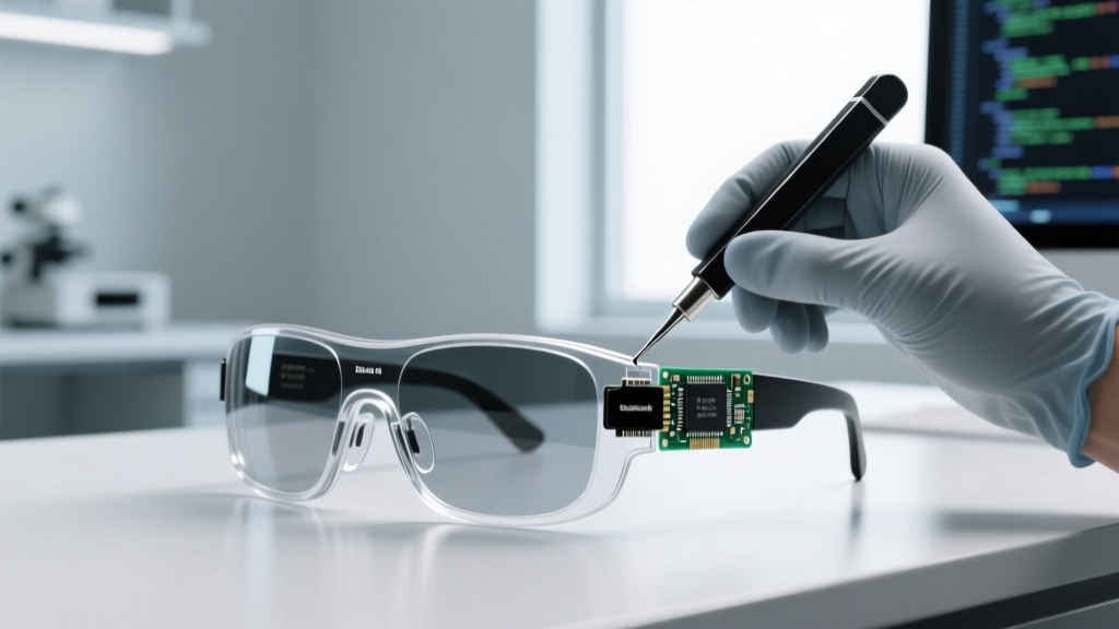 Technician using a precision spudger to safely disconnect a pinned lithium-polymer battery inside the temple of open-source AI smart glasses