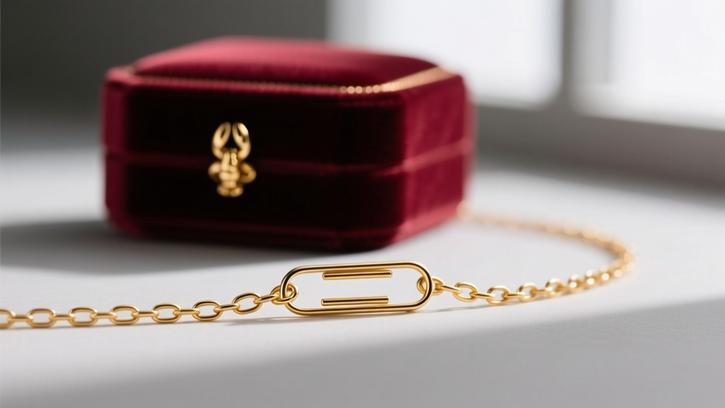 Macro shot of a 1.2mm 14k gold paperclip chain connecting to a lobster clasp, with a blurred velvet jewelry box in the soft background.