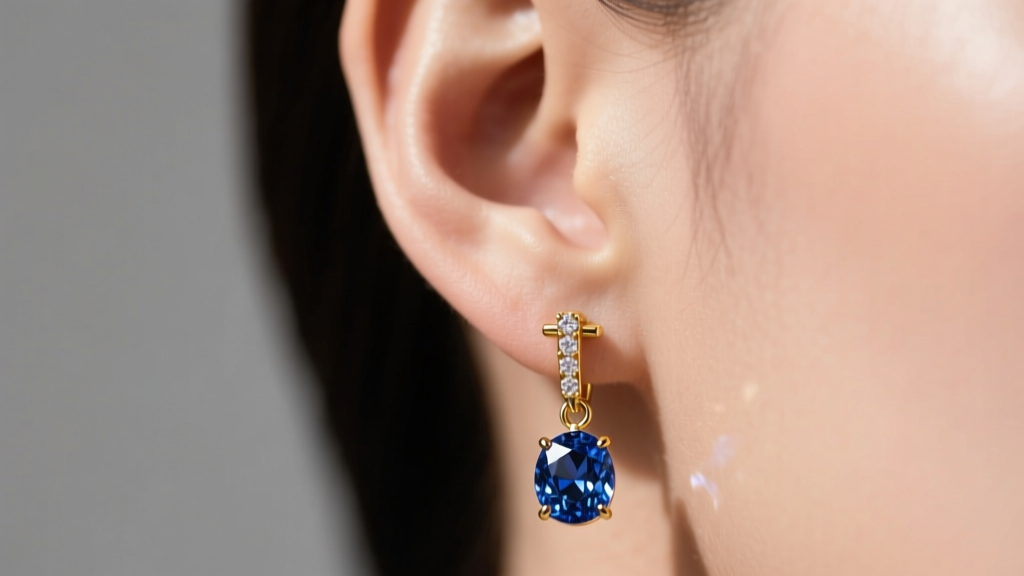 Close-up of an ear wearing a sapphire diamond drop earring, showcasing a secure gold la pousette earring back mechanism