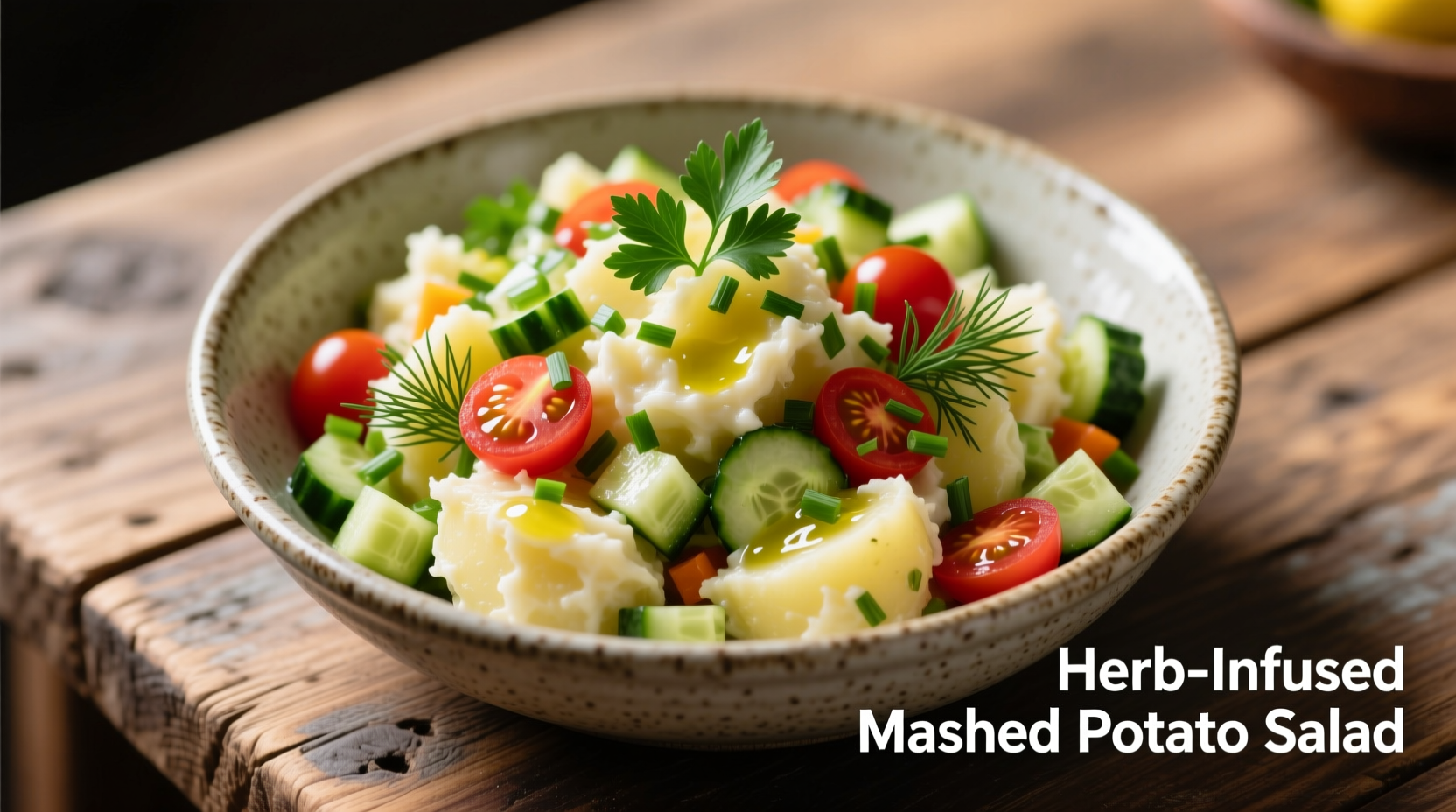 Mashed potato salad with fresh herbs and vegetables