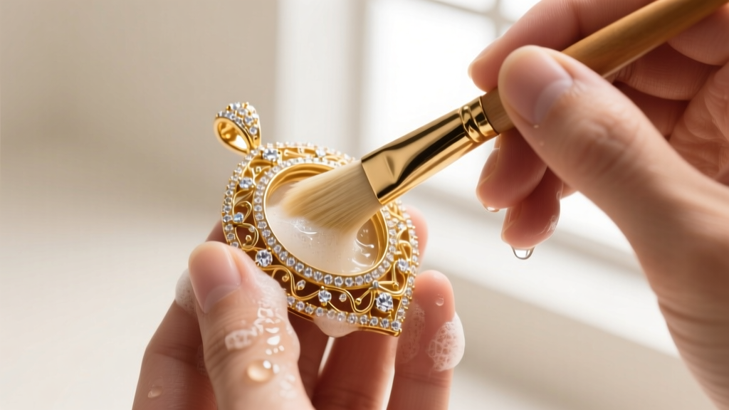 Hands using a soft brush and soapy water to clean the intricate gallery and underbelly of a heavy iced-out custom gold pendant.