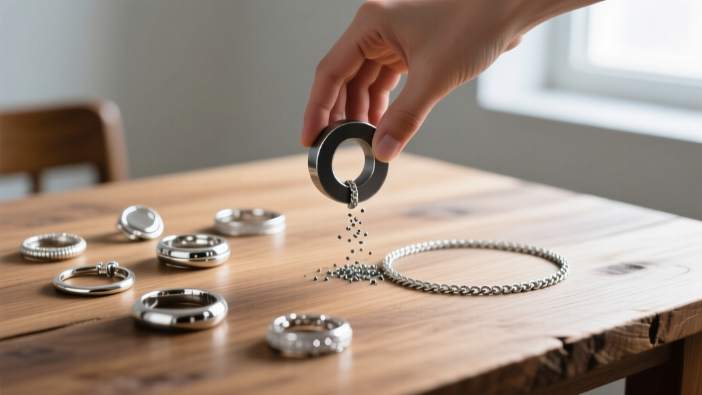 Hand holding a neodymium magnet near silver jewelry on a wooden table, demonstrating the magnet test for metal authenticity.