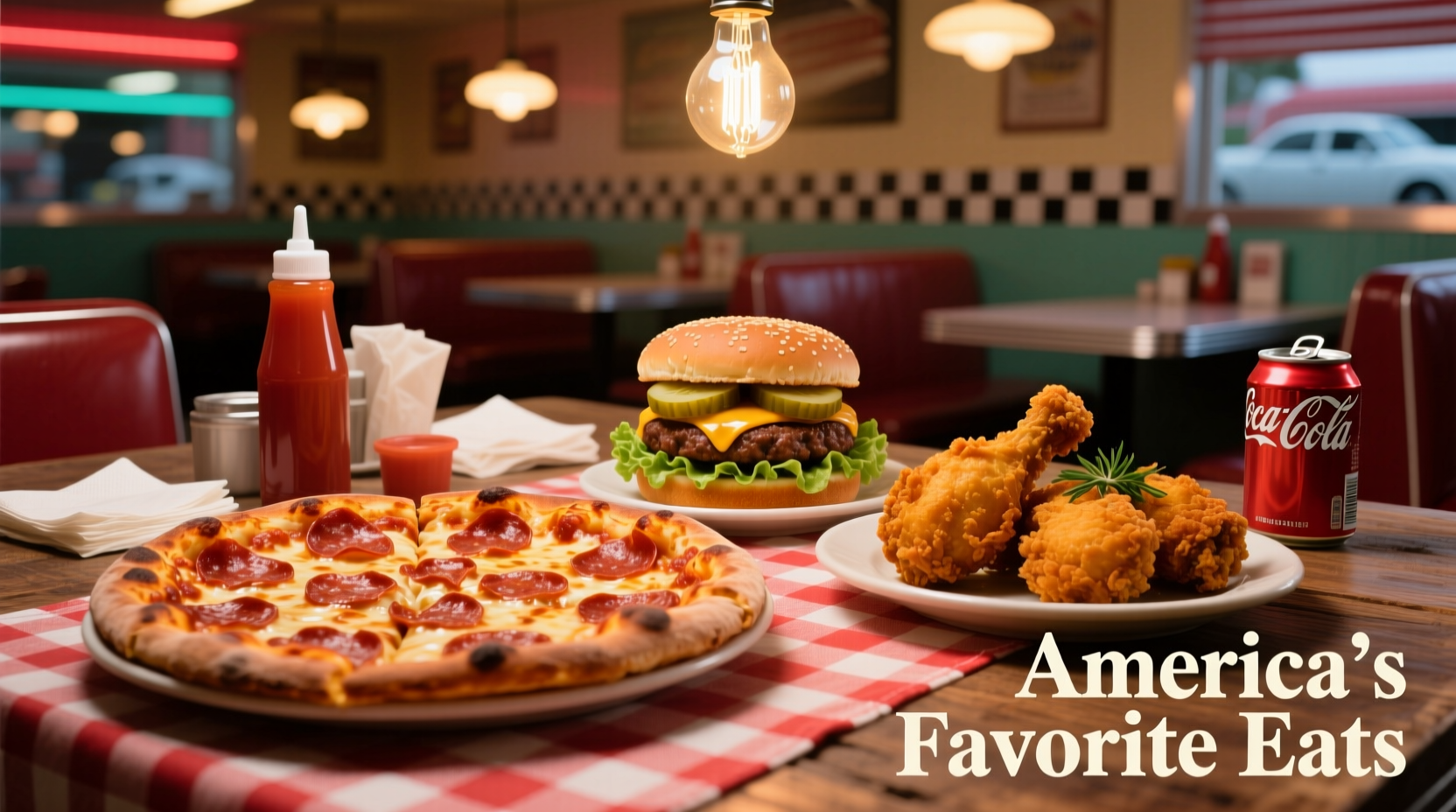 Popular American foods including pizza, hamburgers, and fried chicken