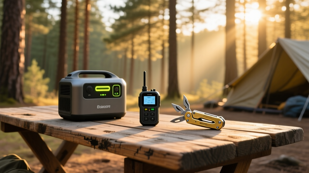 A rugged wooden table at a pine forest basecamp displaying a portable power station, a satellite communicator, and a premium multi-tool in golden hour light.
