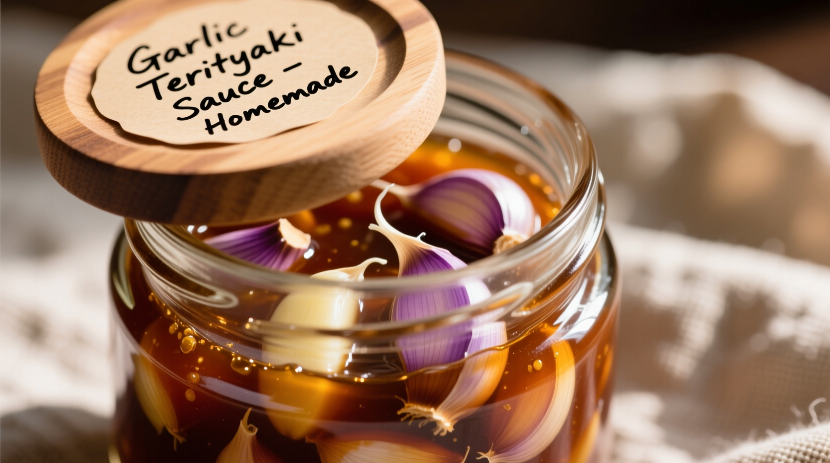 Homemade garlic teriyaki sauce in glass jar with fresh garlic cloves