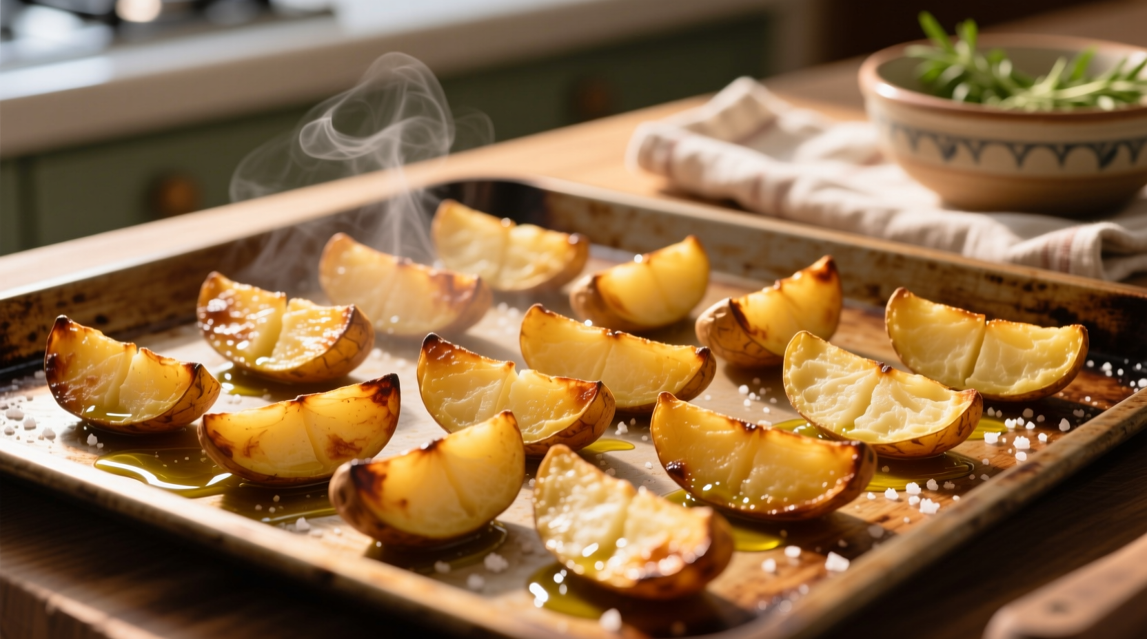 Golden baked potato wedges on a baking sheet