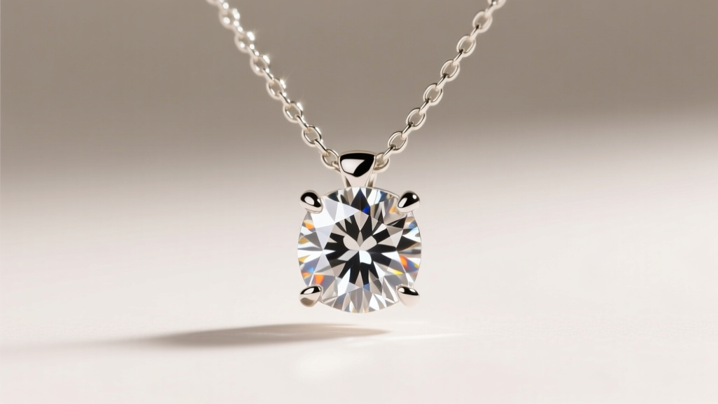 Close-up of a bezel-set princess cut diamond pendant on a delicate 18k white gold box chain, illuminated by soft studio lighting