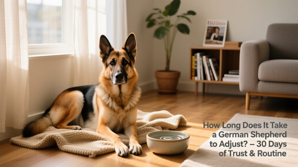 A calm German Shepherd sitting beside a cozy corner of a living room with a soft blanket and water bowl nearby
