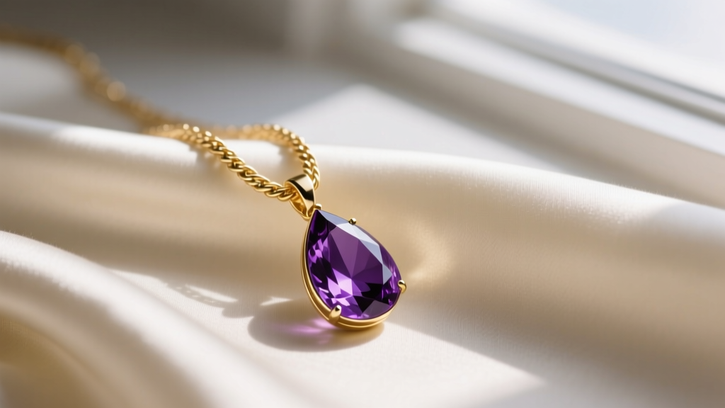 Close-up of 14k gold cable chain holding a bezel-set deep purple amethyst teardrop pendant resting on cream silk fabric.