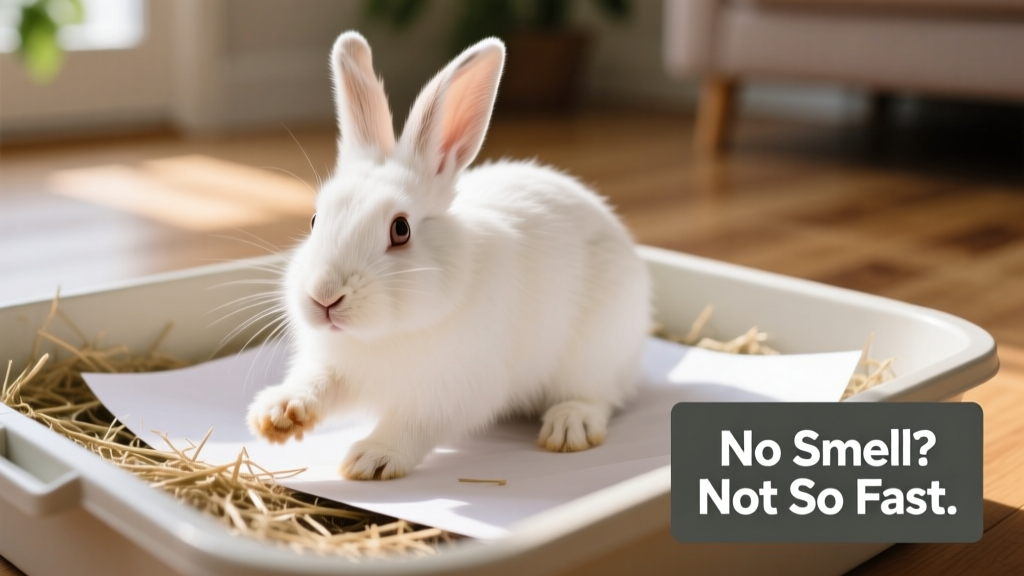 Close-up of a rabbit using a clean litter box filled with paper-based bedding and hay