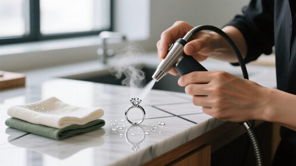 Jeweler using a steam cleaner on a platinum ring, with polishing cloths and a jeweler's loupe resting on a wooden workbench.