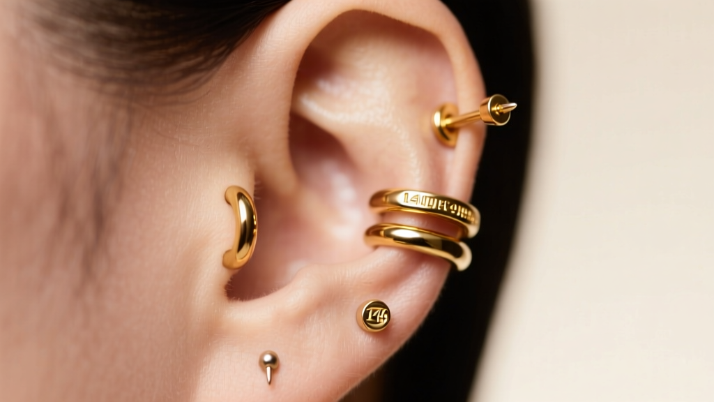 Close-up of a curated ear stack with a 14k gold helix hoop, tragus stud, and three lobe piercings in soft studio lighting.