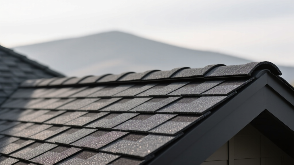Close-up of dark gray Class 4 impact resistant architectural asphalt shingles installed on a steep residential roof under overcast skies