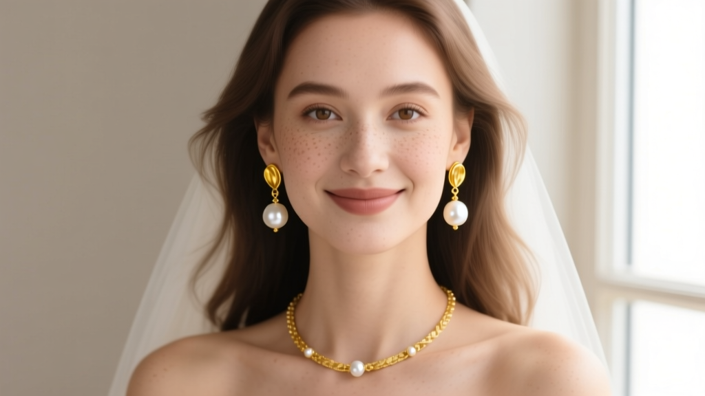 Elegant bride wearing heavy 18k yellow gold drop earrings with pearl accents, soft natural lighting, detailed facial features.