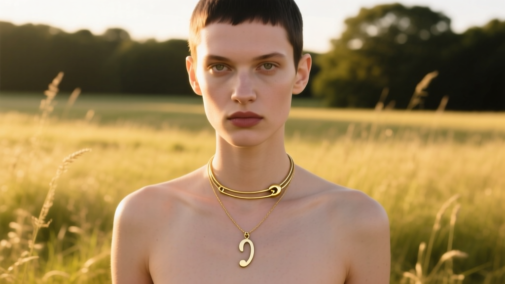 Person wearing a minimalist gold safety pin necklace layered with a semicolon pendant, captured in soft natural outdoor sunlight.