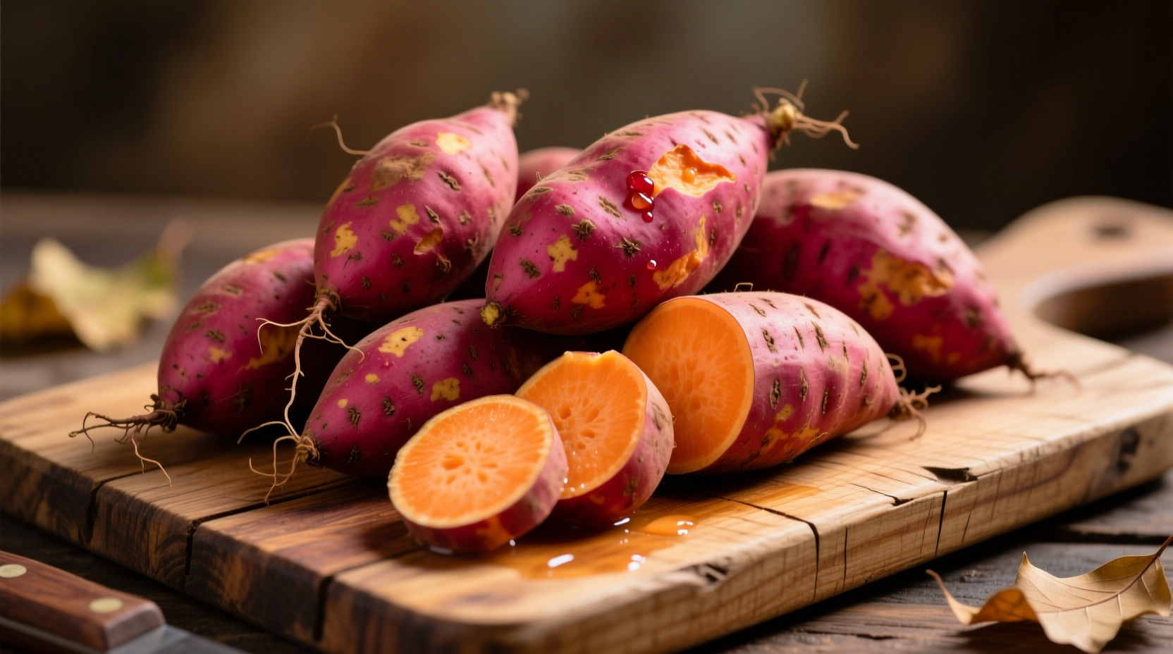Fresh garnet sweet potatoes on wooden cutting board