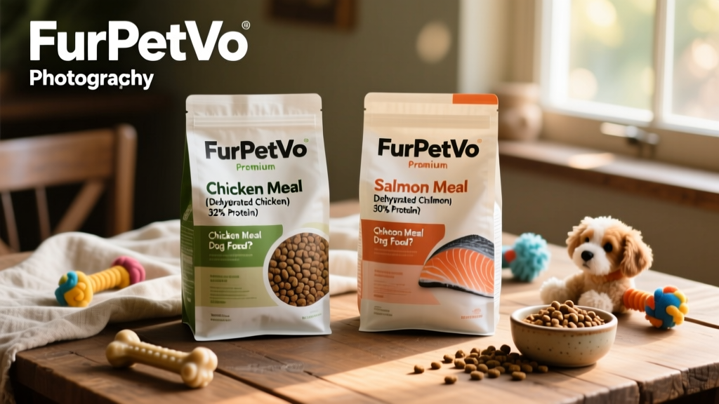 Side-by-side comparison of FurPetVo kibble bags featuring chicken meal and salmon meal, with clear front-label ingredient callouts