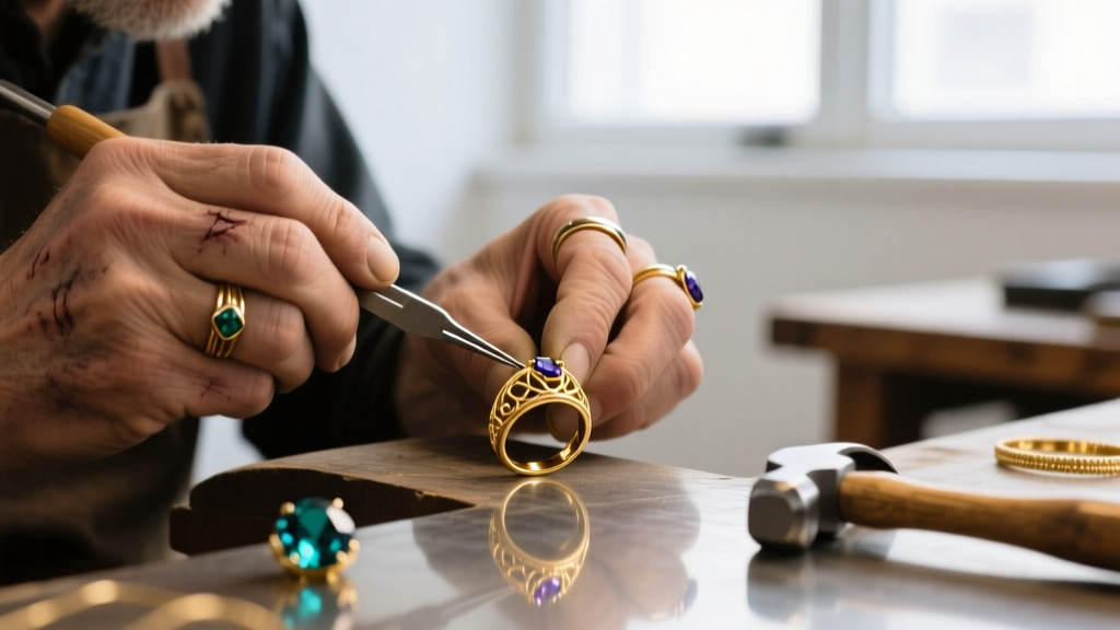 Macro photography of a jeweler's loupe inspecting the four prongs securing an oval diamond pendant on a delicate white gold chain