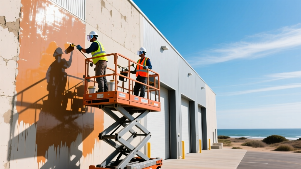 Commercial painters on a scissor lift applying thick elastomeric coating to a large stucco warehouse exterior under bright sunny coastal conditions