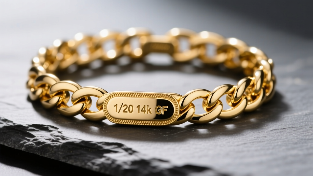 Macro shot of a 14k gold filled chain bracelet on slate, showing the thick gold layer and a stamped 1/20 14k GF hallmark