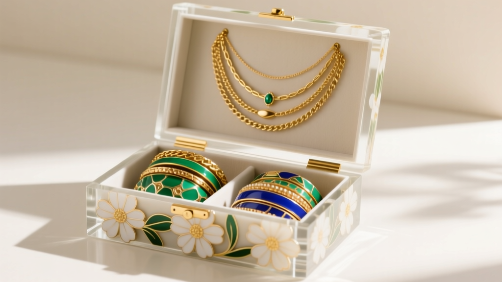 An open floral resin Anthropologie jewelry box displaying layered gold necklaces on the top tier and stacked enamel bracelets