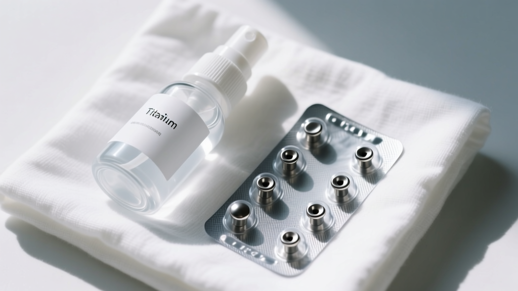 Top-down view of a sterile saline spray bottle beside a blister pack of titanium labret studs on a clean folded white cotton cloth