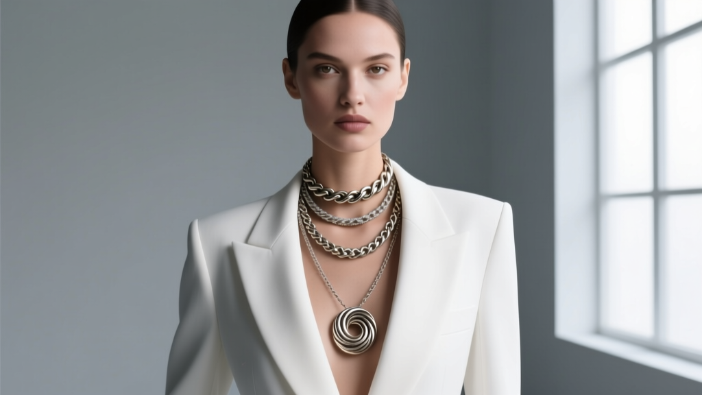 Editorial shot of a model wearing three layered twisted necklaces in varying thicknesses over a crisp white structured blazer
