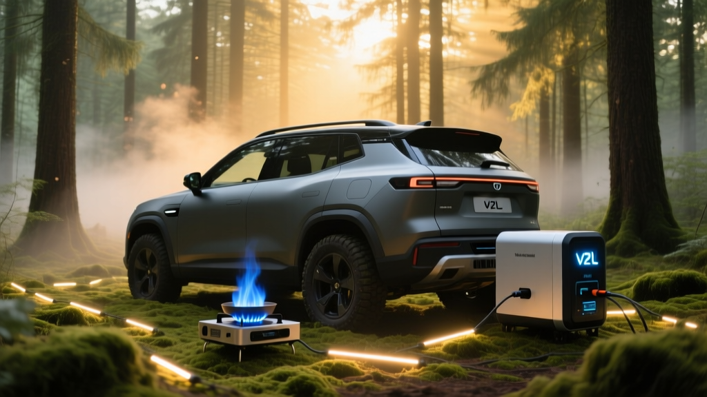 A rugged electric SUV parked in a pine forest with a V2L power station running a portable induction cooktop and outdoor LED lights