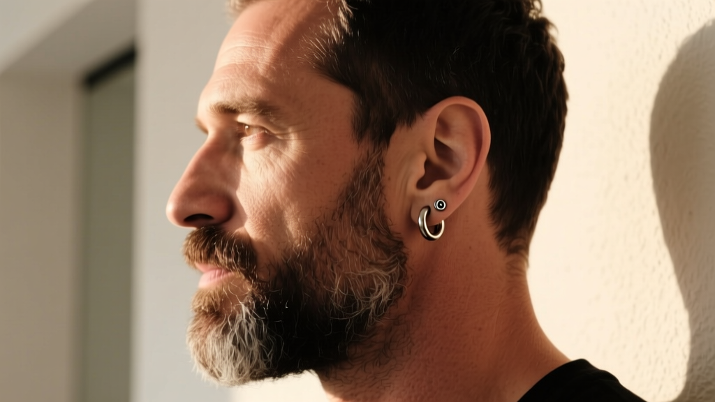 Side profile of a bearded man wearing a minimalist 16-gauge niobium seamless hoop in his ear lobe, warm natural sunlight