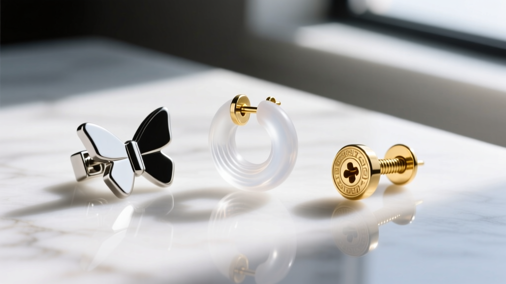 Close-up of three earring backs on marble: a standard metal butterfly clutch, a clear silicone o-ring, and an 18k gold screw back